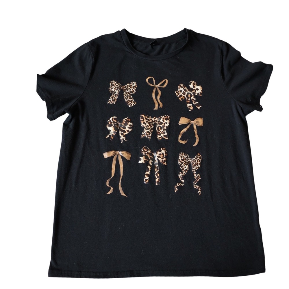 SHEIN Black Leopard Print Bow Graphic T-Shirt Short Sleeve Crewneck Large